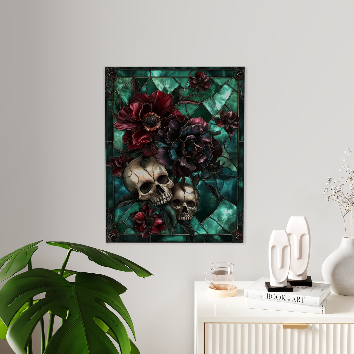 Dark Botanical Skull Gothic Stained Glass Acrylic Wall Art