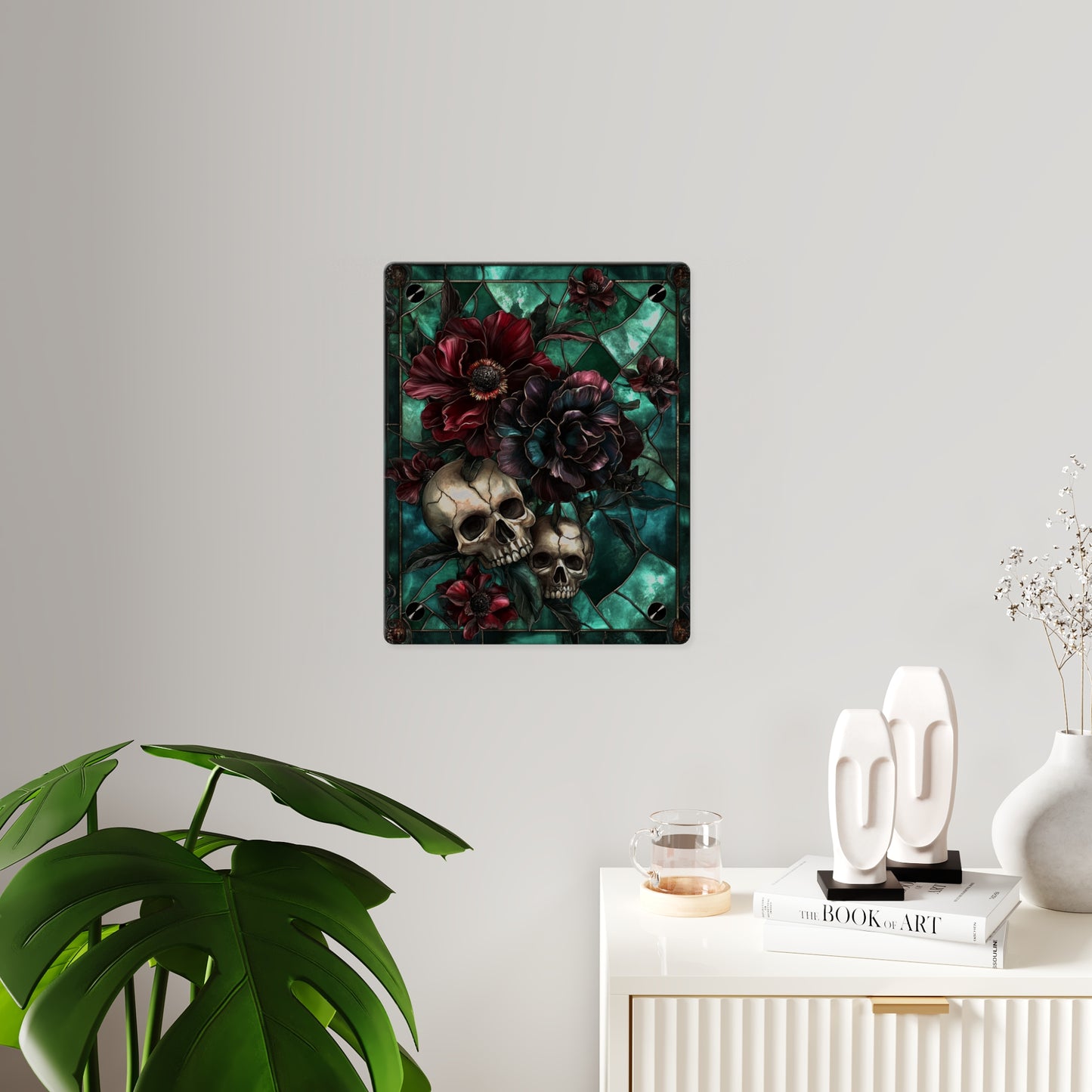 Dark Botanical Skull Gothic Stained Glass Acrylic Wall Art